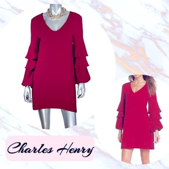 Charles Henry Red Shift Dress V-Neck with Ruffles XS - Picture 3 of 7